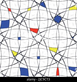 Swirl and curly brush strokes Bauhaus art seamless vector pattern. Hand drawn background with Mondrian style filled red yellow blue shapes. Painted Stock Vector