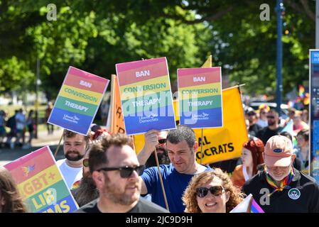 People taking part in the Portsmouth pride 2022 event, the banners are for the Liberal democrats. Stock Photo