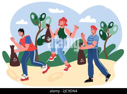 Plogging ecological marathon banner with people running with eco trash bags, vector. Stock Vector