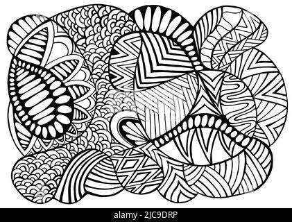 Doodle fun coloring page with many ornaments for adult and kids. Abstract decorative black and white antistress background. Stock Vector