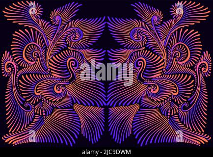 Kaleidoscope mandala psychedelic trippy texture, bright electric blue, orange gradient color outline, black background. Stock Vector