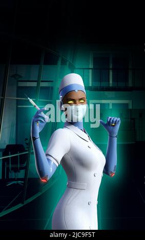3d render of a robotic nurse with a syringe Stock Photo