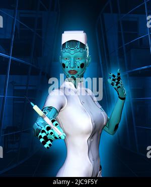 3d render of a robotic nurse with a syringe Stock Photo
