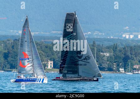 Geneva, Switzerland. 11th June, 2022. Several competitors are in action at the start of the regatta during the 83rd edition of the Bol D'Or Mirabaud. (Photo by Eric Dubost/Pacific Press) Credit: Pacific Press Media Production Corp./Alamy Live News Stock Photo