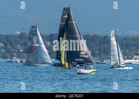 Geneva, Switzerland. 11th June, 2022. Several competitors are in action at the start of the regatta during the 83rd edition of the Bol D'Or Mirabaud. (Photo by Eric Dubost/Pacific Press) Credit: Pacific Press Media Production Corp./Alamy Live News Stock Photo