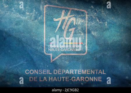 Top view of retroflag department of  Haute Garonne, France with grunge texture. French travel and patriot concept. no flagpole. Plane design, layout. Stock Photo
