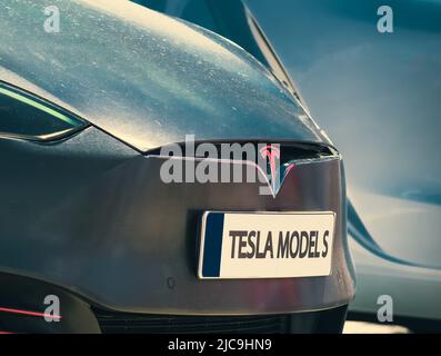 Bucharest, Romania - 05.20.2022: Close up with the Model S of the famous american luxury electric car brand Tesla Stock Photo