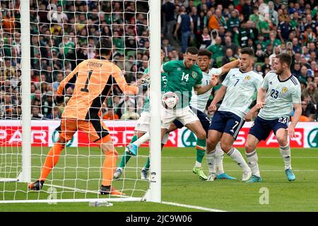 Republic of Ireland's Alan Browne (centre) scores his side's first goal of the game during the UEFA Nations League match at the Aviva Stadium, Dublin. Picture date: Saturday June 11, 2022. Stock Photo