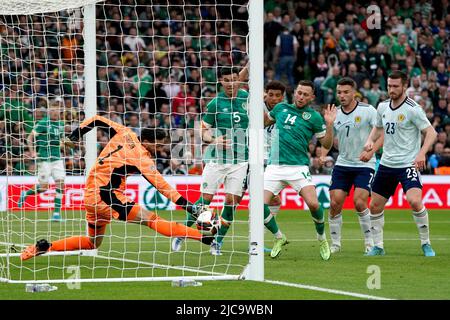 Republic of Ireland's Alan Browne (centre) scores his side's first goal of the game during the UEFA Nations League match at the Aviva Stadium, Dublin. Picture date: Saturday June 11, 2022. Stock Photo