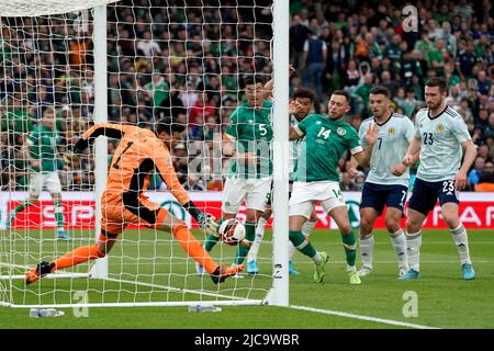 Republic of Ireland's Alan Browne (centre) scores his side's first goal of the game during the UEFA Nations League match at the Aviva Stadium, Dublin. Picture date: Saturday June 11, 2022. Stock Photo