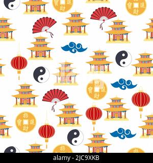 Cartoon chinese house seamless pattern. Chinese symbols of the coin with hieroglyphs, yin-yang, red fan, lanterns. Traditional signs Stock Vector