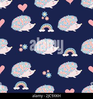 Flower hedgehog, flowers instead of needles. seamless childish floral pattern with flowers and cute hedgehogs Stock Vector