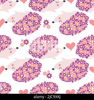 Flower hedgehog, flowers instead of needles. seamless childish floral pattern with flowers and cute hedgehogs Stock Vector