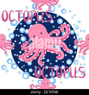Seamless pattern with cute octopus, seaweed and pearl. Childish seamless pattern with cute hand drawn. Trendy nursery background Stock Vector