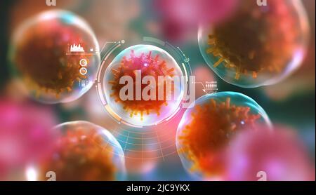 Modern research in microbiology. Study of viruses, microbes and bacteria. 3D illustration on the topic of future medicine Stock Photo