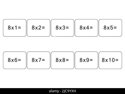 Multiplication and division table of 8. Maths card with an example, drawing. Multiplication Square, vector illustration. Printed products, banner Stock Vector