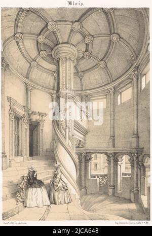 View of the spiral staircase of King Francis I in the castle of Blois Blois Escalier de Franois Ier  Contemporary France  La France de nos jours , print maker: Léon Auguste Asselineau, (mentioned on object), intermediary draughtsman: Léon Auguste Asselineau, (mentioned on object), printer: Destouches, (mentioned on object), print maker: Rouen, intermediary draughtsman: Rouen, printer: Paris, publisher: Paris, 1853 - 1856, paper, h 434 mm × w 291 mm Stock Photo