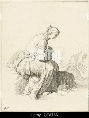 Seated woman with her hands folded in prayer In the background a burning house, Praying woman Abraham Bloemaert's drawing book , print maker: Frederick Bloemaert, intermediary draughtsman: Abraham Bloemaert, Utrecht, c. 1679 - c. 1701, paper, etching, engraving, h 210 mm × w 168 mm Stock Photo