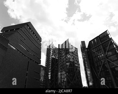 London, Greater London, England, June 08 2022: Monochrome. Part of Tate Modern left with surrounding architecture. Stock Photo