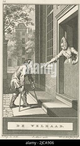 The rich Beatrix gives a poor cripple from her window a piece of moldy bread, Poor rich woman The beneficence , print maker: Noach van der Meer (II), (mentioned on object), intermediary draughtsman: Jacobus Buys, (mentioned on object), publisher: Johannes Allart, (mentioned on object), Amsterdam, 1777, paper, etching, h 252 mm × w 157 mm Stock Photo