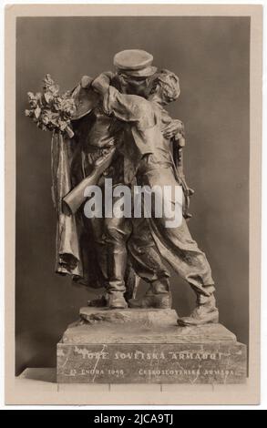 Scale model of the monument 'Fraternization' ('Sbratření') by Czech sculptor Karel Pokorný (1948-1950) depicted in the Czechoslovak vintage postcard issued in 1950. The controversial homoerotic statue depicts as the Czechoslovak man passionately kissing the Red Army soldier in May 1945. The original statue is installed in the town of Česká Třebová in the Czech Republic and the copy is installed in the Vrchlického Gardens in Prague, Czech Republic. Text in Czech means: To you, the Soviet Army! 23rd February 1948. Czechoslovak Army. Courtesy of the Azoor Postcard Collection. Stock Photo