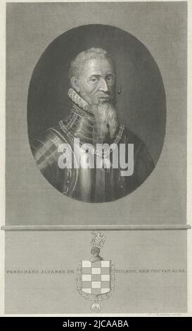 Portrait of Ferdinand Alvarez de Toledo, Duke of Alva also called the Iron Duke Around the neck a chain with the emblem of the Order of the Golden Fleece In the margin his name, title and coat of arms, Portrait of Ferdinand Alvarez de Toledo, Duke of Alva, print maker: Jan Frederik Christiaan Reckleben, (mentioned on object), Amsterdam, 1849 - 1851, paper, steel engraving, h 265 mm × w 169 mm Stock Photo