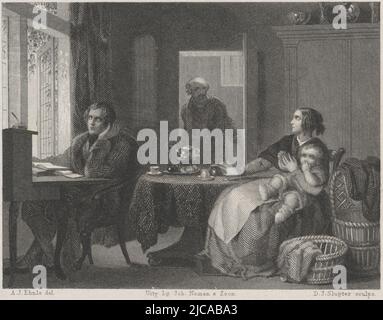 A man sits at a secretary in front of an open window Behind him, a woman sits at a table with tea being served She has a toddler on her lap An older man with a cane enters the room, Family at tea table, print maker: Dirk Jurriaan Sluyter, (mentioned on object), intermediary draughtsman: Adrianus Johannes Ehnle, (mentioned on object), publisher: Johan Noman & Zoon, (mentioned on object), print maker: Amsterdam, publisher: Zaltbommel, 1830 - 1851, paper, etching, engraving, h 118 mm × w 152 mm Stock Photo