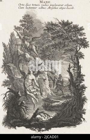 The winged personification of the Morning announces the day with his inverted torch Behind him Pegasus on Mount Helikon with the temple of music In the background the struggle between Jacob and the angel, which lasted until dawn Above a three-line text in Latin and below a three-line text in German, De morgen Mane Der Morgen  Zinnebeelden , print maker: Jakob Wangner, (mentioned on object), intermediary draughtsman: Gottfried Eichler (II), (mentioned on object), publisher: Johann Georg Hertel (I), (mentioned on object), Augsburg, c. 1758 - c. 1760, paper, etching, h 194 mm × w 127 mm Stock Photo