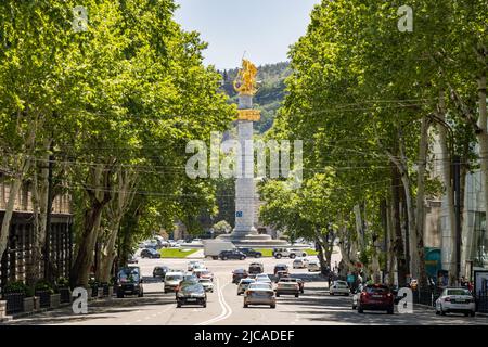 Tbilisi, Georgia - May 17 2022: Liberty or Freedom Square and St George Monument Stock Photo