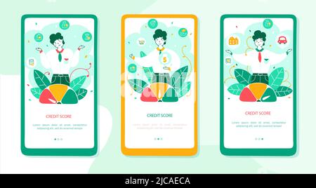 Credit score onboarding mobile app page screens set Stock Vector