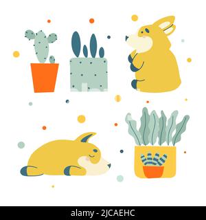Flat set with happy small dog corgi, green cactuses. Stock Vector