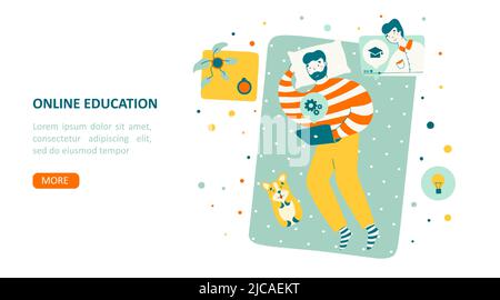 Online study, educationin flat style vector landing page template. Man resting in bed with laptop. Stock Vector