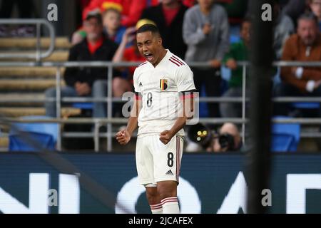 Cardiff, UK. 11th June, 2022. Youri Tielemans of Belgium celebrates after he scores his teams 1st goal. UEFA Nations league, group D match, Wales v Belgium at the Cardiff city stadium in Cardiff, South Wales on Saturday 11th June 2022. Editorial use only. pic by Andrew Orchard/Andrew Orchard sports photography/Alamy Live News Credit: Andrew Orchard sports photography/Alamy Live News Stock Photo