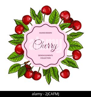 Colorful square cherry design. Vector illustration in colored sketch style Stock Vector