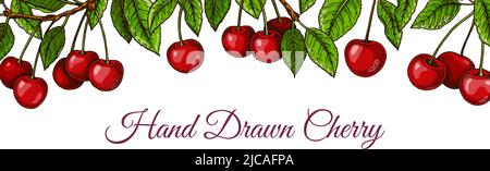 Colorful horizontal cherry design. Vector illustration in colored sketch style Stock Vector