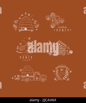 Honey collection of labels, beehive, honeycomb, spoon with flower and branches drawing in graphic style on terracotta background Stock Vector