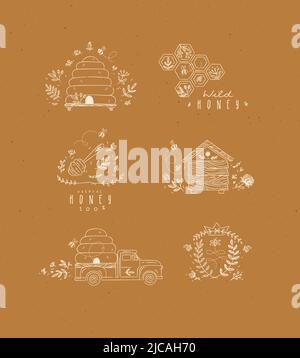 Honey collection of labels, beehive, honeycomb, spoon with flower and branches drawing in graphic style on mustard background Stock Vector