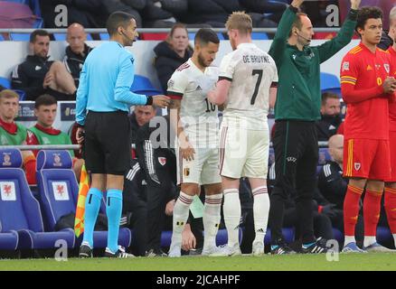 Cardiff, UK. 11th June, 2022. Belgium's Eden Hazard and Belgium's Kevin De Bruyne pictured during a soccer game between Wales and Belgian national team the Red Devils, Saturday 11 June 2022 in Cardiff, Wales, the third game (out of six) in the Nations League A group stage. BELGA PHOTO VIRGINIE LEFOUR Credit: Belga News Agency/Alamy Live News Stock Photo