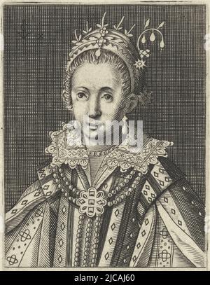 Portrait of Eleanor of Habsburg, Archduchess of Austria, Queen of Portugal and France, print maker: anonymous, publisher: Claes Jansz. Visscher (II), (mentioned on object), Amsterdam, 1612 - 1652, paper, engraving, h 105 mm × w 69 mm