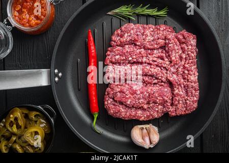 Ingredients for quesadilla with chicken: tortilla, corn, chicken, onion, tomatoes and pepper, cheese, top view flat lay Stock Photo