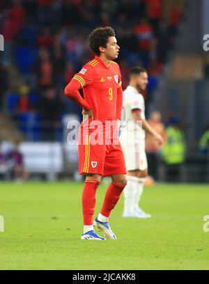 Cardiff City Stadium, Cardiff, UK. 11th June, 2022. UEFA Nations League football, Wales versus Belgium; Brennan Johnson of Wales waits for the VAR to confirm his goal in the 86th minute Credit: Action Plus Sports/Alamy Live News Stock Photo