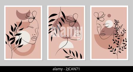 A set of Abstract hand-painted Illustrations for wall decoration. Boho style. Postcards, banners on social networks. The background of the brochure co Stock Vector