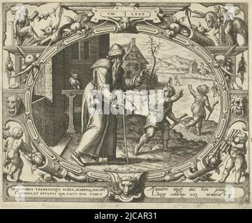 In an oval frame decorated with ornaments a depiction of an old man admonishing two young people In his hand a stick and a rosary The two youths are holding cobs and running towards a frozen river On the left in the background is an owl The print has a Latin and French caption, Man at Eighty Years of Age Ten Ages of Man , print maker: Gerard van Groeningen, Gerard van Groeningen, Hugo Favolius, (possibly), Antwerp, 1569 - 1575, paper, etching, engraving, w 240 mm × h 202 mm Stock Photo