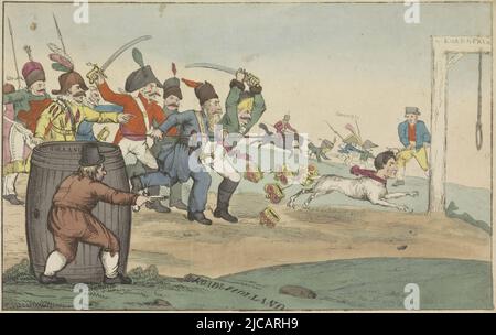 Cartoon of Napoleon after his loss at the battle of Leipzig, 1813 Napoleon as a mad dog is chased away by the allies: Prussian hussar, Russian Cossack, Spaniard, Dutchman and others Napoleon chooses the road back to France where a gallows awaits him The Dutchman is hidden behind a large barrel and points his gun at the dog While running away, Napoleon loses the crowns of France, Rome, Italy, Spain and Holland, Napoleon as a Mad Dog, 1813 The Corsican Mad Dog or the Hopefull Situation of the Destroyer of the Human Speice , print maker: William Heath, publisher: Samuel W. Fores, (mentioned on Stock Photo