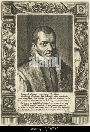 Print printed from two plates Bust of Franciscus Junius, with an eight-line poem in Dutch by Geeraert Brandt Framing with allegorical figures and symbols, Portrait of Franciscus Junius I, print maker: Hendrik Bary, print maker: Romeyn de Hooghe, (attributed to), Geeraert Brandt (I), (mentioned on object), Netherlands, 1657 - 1707, paper, etching, engraving, h 166 mm × w 118 mm × h 131 mm × w 77 mm Stock Photo