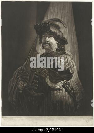 Standard-bearer, print maker: Pieter Louw, after: Rembrandt van Rijn, Amsterdam, 1743 - 1772, paper, h 397 mm × w 293 mm Stock Photo