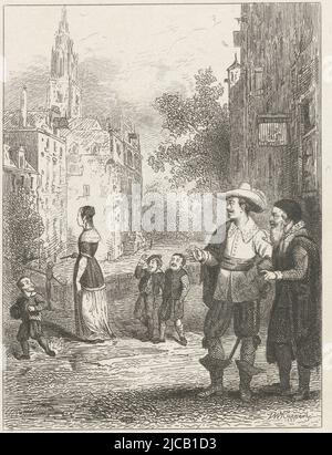 In a street, a young boy steps into a puddle of water while a woman wearing a long skirt walks right past him Behind the woman are two small boys and in the foreground are two men watching the 'slip', Slip A Slip , print maker: Johann Wilhelm Kaiser (I), (mentioned on object), 1837, paper, etching, h 138 mm × w 101 mm Stock Photo