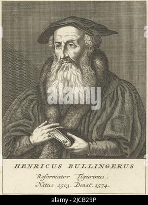 Portrait of Swiss theologian and church reformer Johann Heinrich Bullinger Henricus Bullingerus Reformer Tigurinus , print maker: François van Bleyswijck, Leiden, 1681 - 1746, paper, etching, h 178 mm × w 113 mm Stock Photo