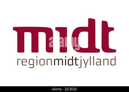 Top view of flag Region Midtjylland, Denmark. Danish travel and patriot concept. no flagpole. Plane layout, design. Flag background Stock Photo