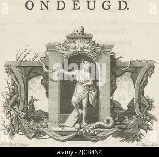 Vignette depicting the personified Vice surrounded by snakes and thorny branches, atop the architectural frame is a skull Virtue has devil's ears and holds a branch with thorns With her right foot she kicks on two stone tablets on which the Ten Commandments are written The print is part of a series of book illustrations on virtues and vices, Vignette with the personification of Vice Vice  Virtues and vices , print maker: Jacob Folkema, (mentioned on object), intermediary draughtsman: Johannes de Bosch, (mentioned on object), 1723 - 1767, paper, etching, letterpress printing, h 91 mm × w 120 mm Stock Photo